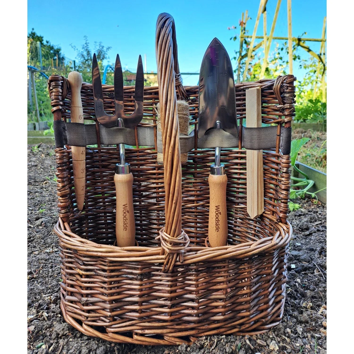 Willow Tool Basket/Trug with Garden Hand Tools Trowel/Fork/Dibber