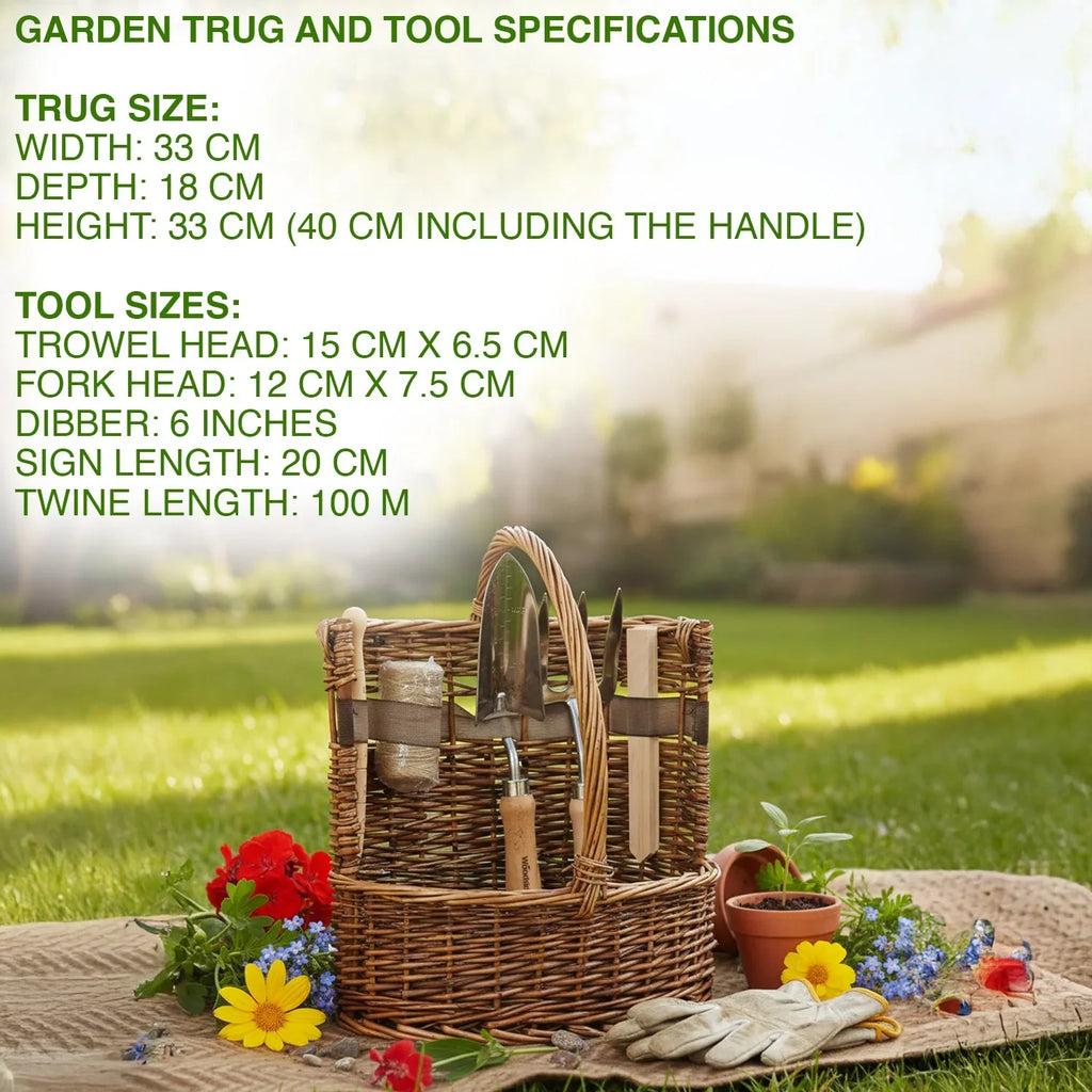 Willow Tool Basket/Trug with Garden Hand Tools Trowel/Fork/Dibber