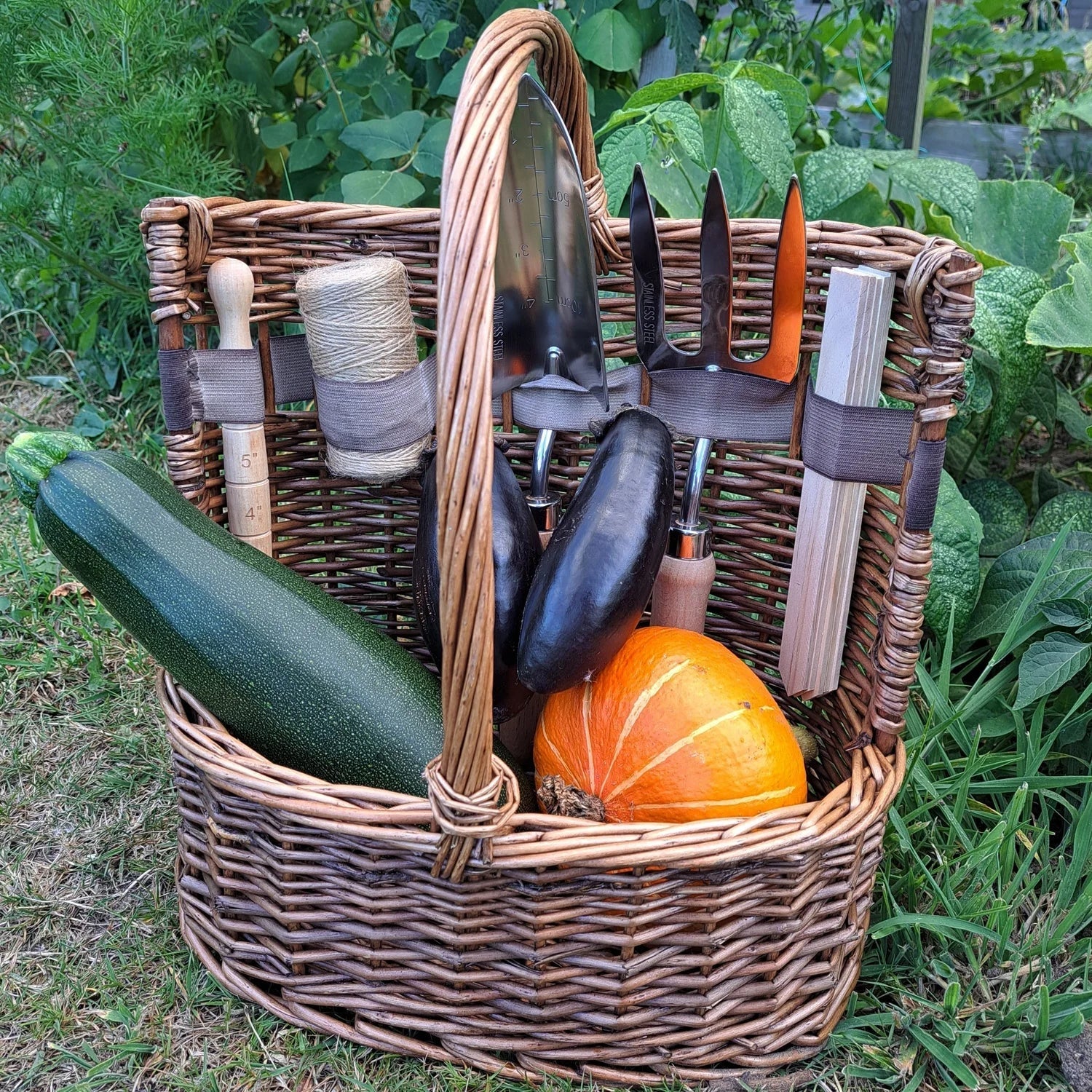 Willow Tool Basket/Trug with Garden Hand Tools Trowel/Fork/Dibber