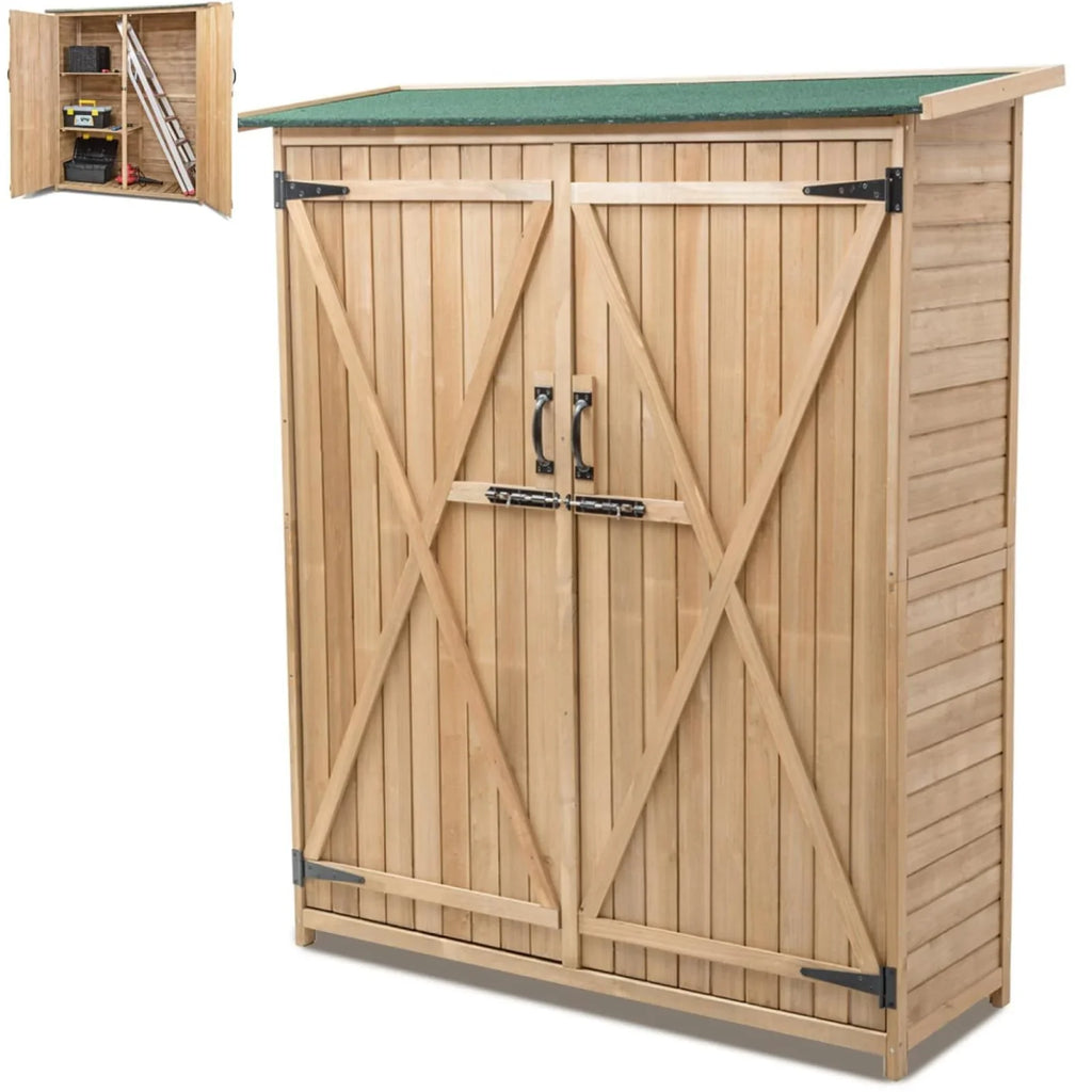 Wooden Garden Shed, Tool Storage Cabinet with 3 Shelves, Asphalt Sloped Roof