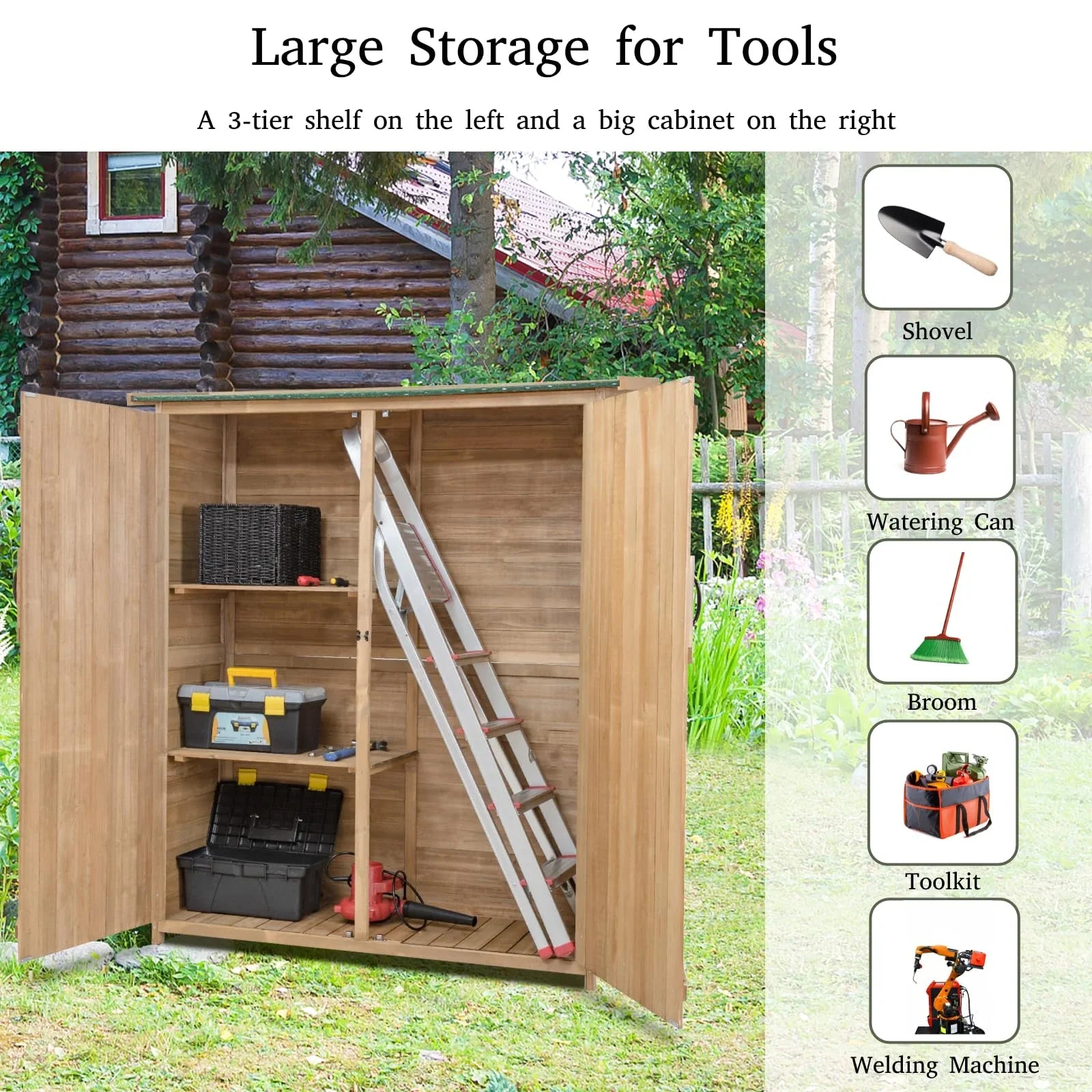 Wooden Garden Shed, Tool Storage Cabinet with 3 Shelves, Asphalt Sloped Roof