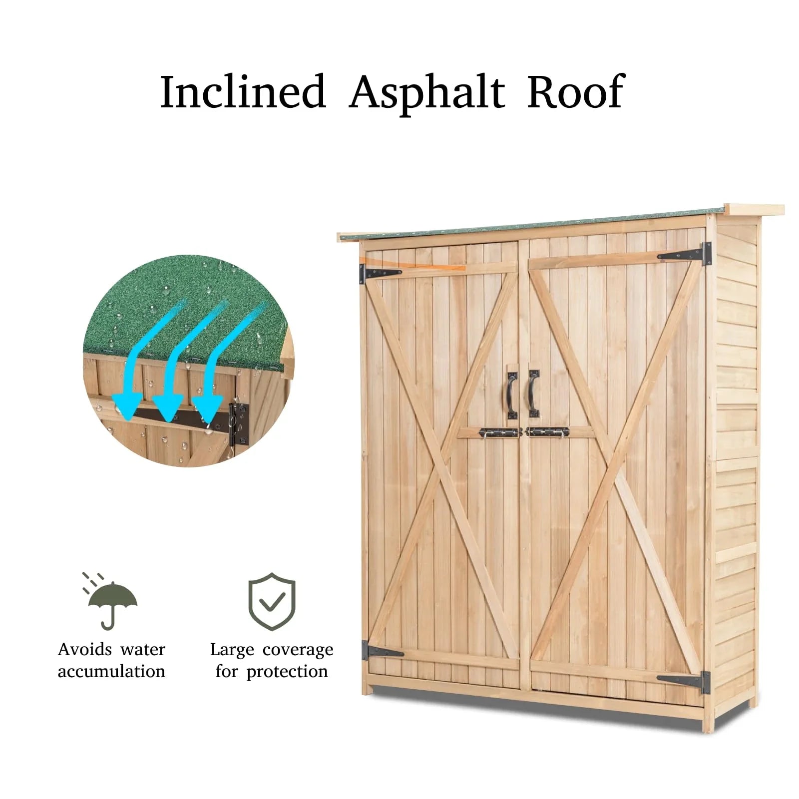 Wooden Garden Shed, Tool Storage Cabinet with 3 Shelves, Asphalt Sloped Roof