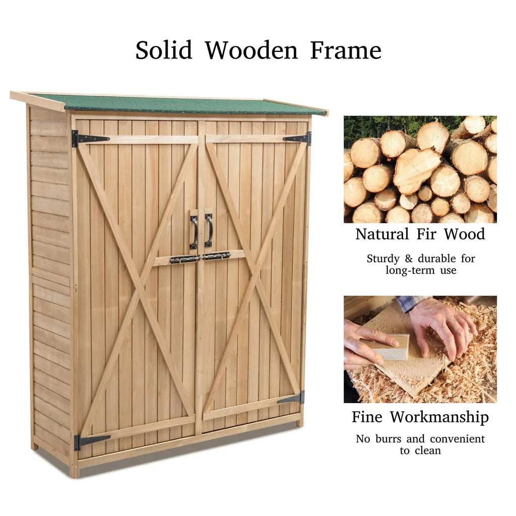 Wooden Garden Shed, Tool Storage Cabinet with 3 Shelves, Asphalt Sloped Roof
