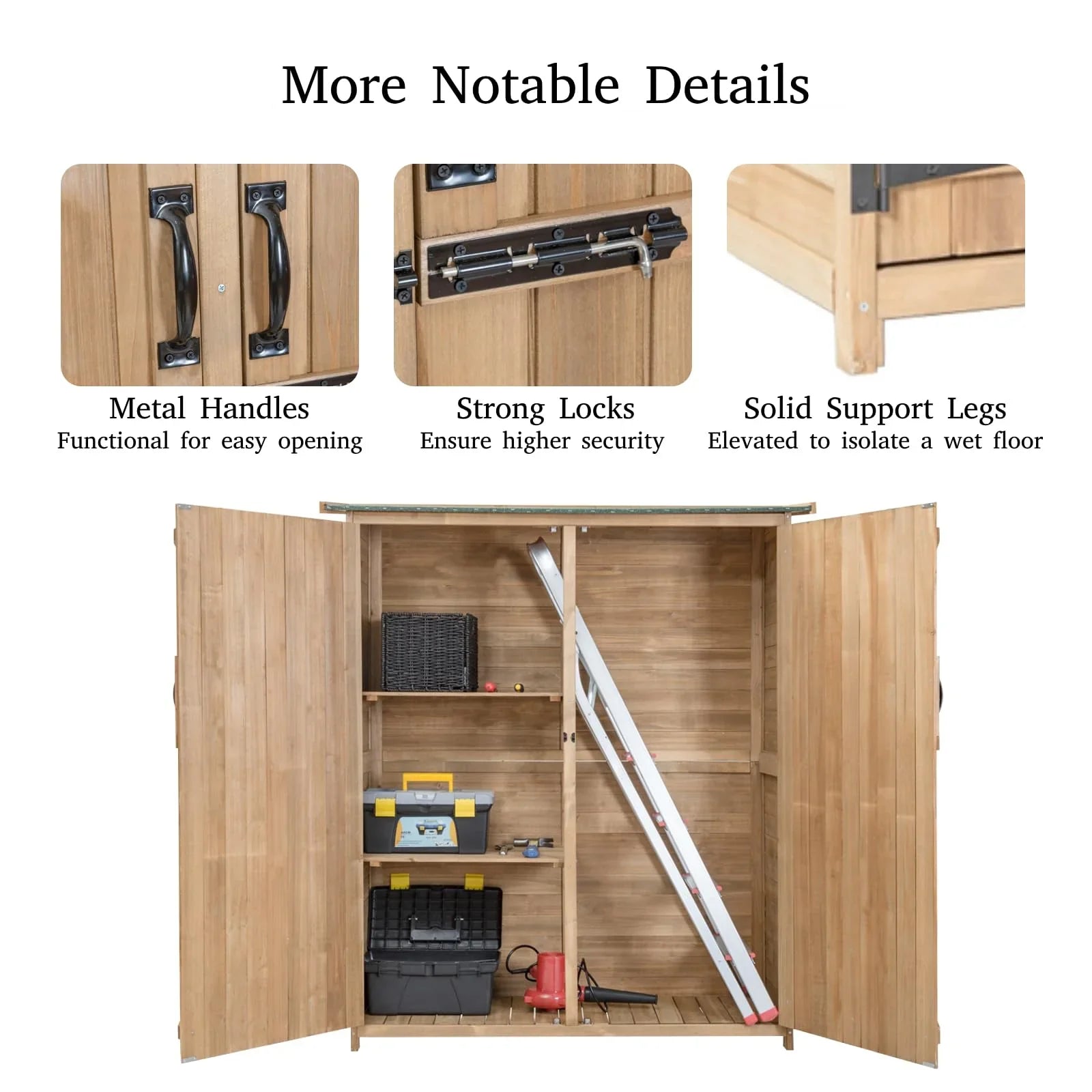 Wooden Garden Shed, Tool Storage Cabinet with 3 Shelves, Asphalt Sloped Roof