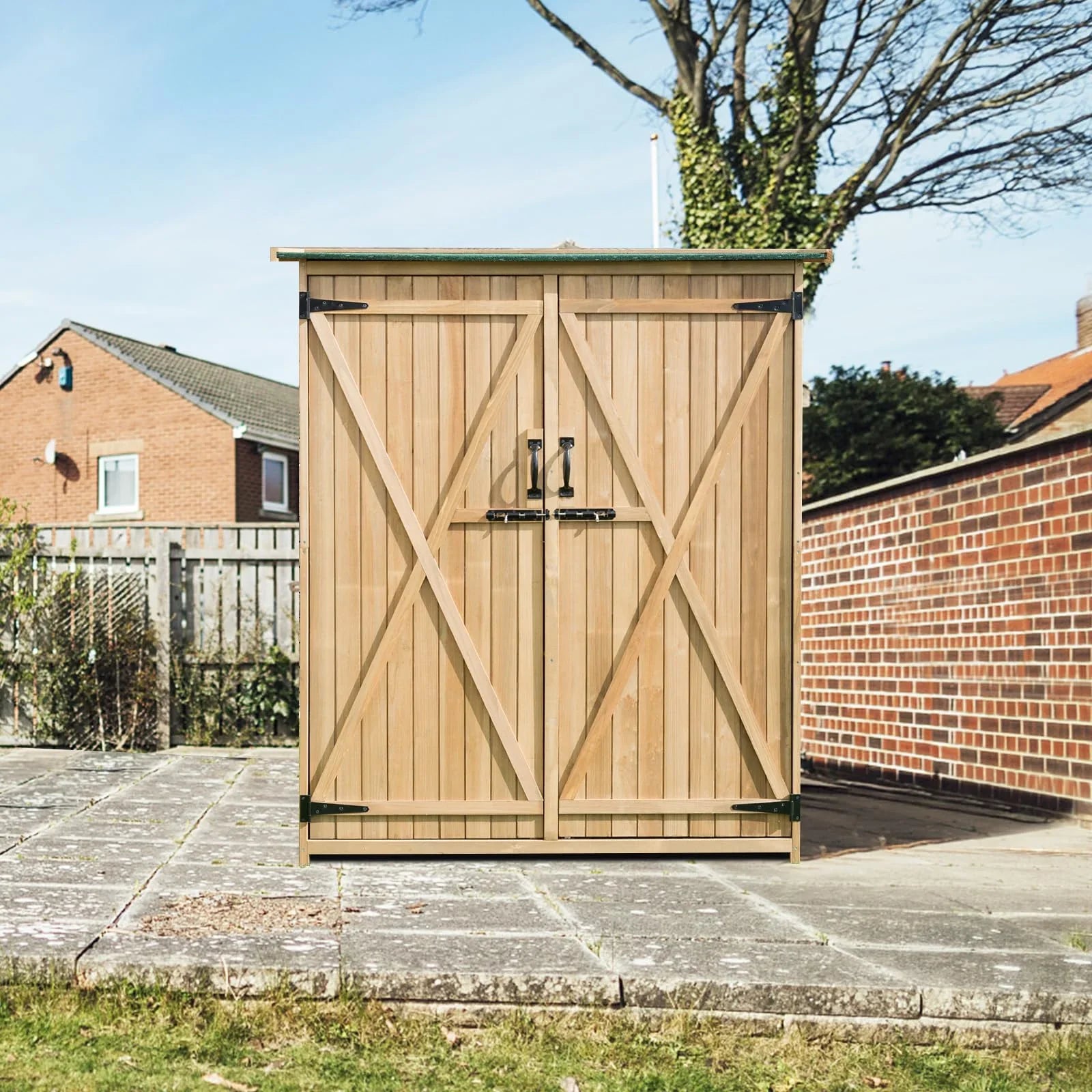 Wooden Garden Shed, Tool Storage Cabinet with 3 Shelves, Asphalt Sloped Roof